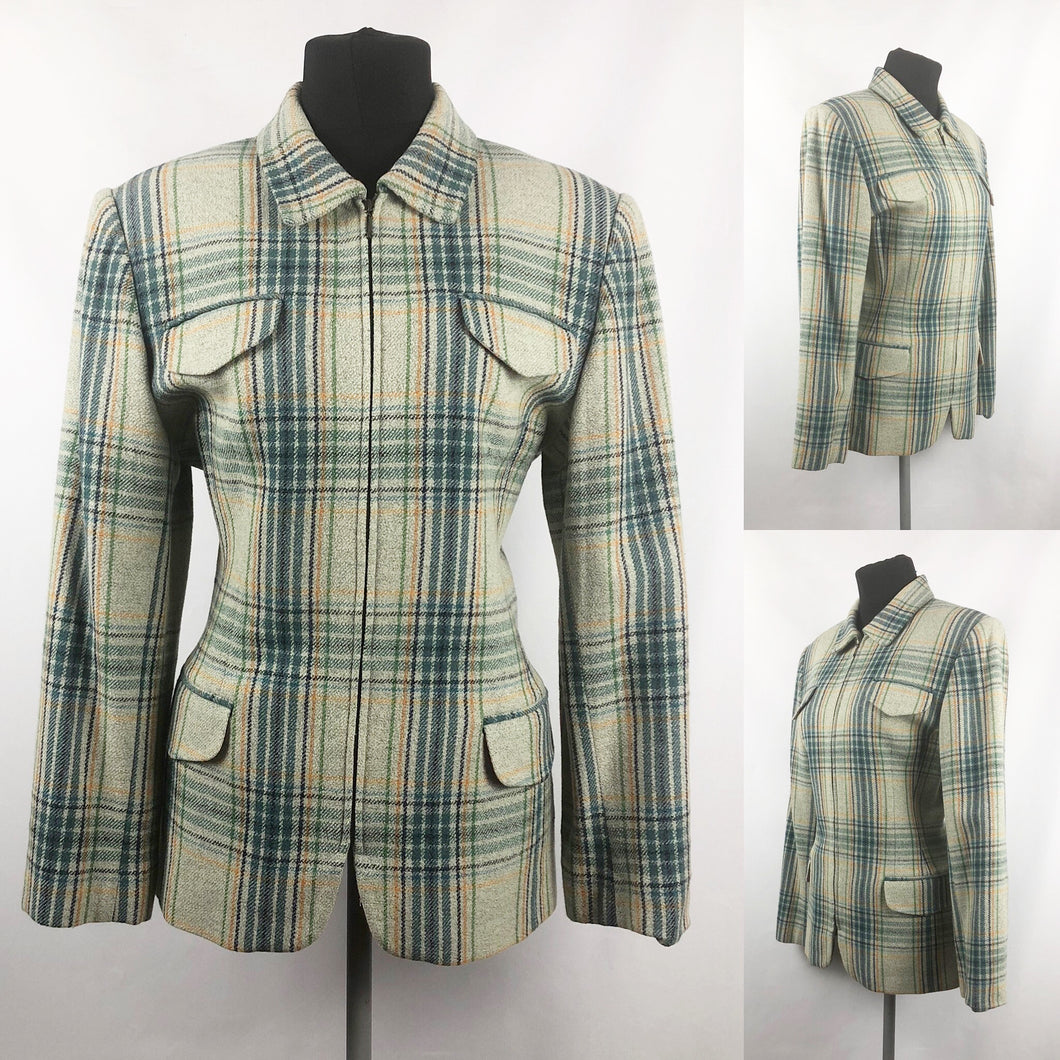 Vintage Zip Front Jacket in Green, Yellow and Navy Check - B38 40