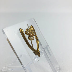 Vintage Lucky Wishbone and Clover Brooch in Gold Metal and Clear Paste