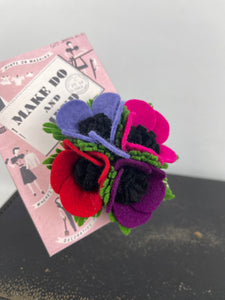 1940's Felt Flower Anemone Corsage - Pretty Wartime Posy Brooch - Red, Pink, Lilac and Purple