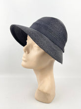 Load image into Gallery viewer, Original 1920s 1930s Dark Blue Straw Cloche Hat with Grosgrain Trim
