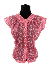 Load image into Gallery viewer, Original 1950&#39;s Pink Nylon Blouse with Floral Flock Print and Faux Pearl Glass Buttons - Bust 36 38
