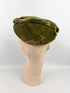 Original 1950’s Green Velvet Evening Hat with Matching Hat Pin - Pretty Sequin Trim