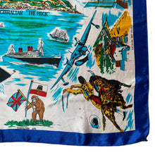 Load image into Gallery viewer, Vintage Artificial Silk Scarf with Monkeys, Planes and Boats in a Blue Border - Gibraltor Tourist Piece - Great Turban or Headscarf

