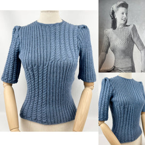 1940's Reproduction Rib and Cable Knit Jumper in Soft Blue - Bust 36 38 40