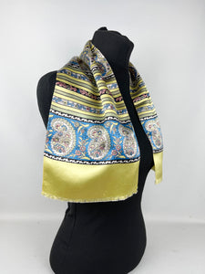 Original 1930's Yellow, Green and Blue Paisley Stripe Satin Scarf or Headscarf
