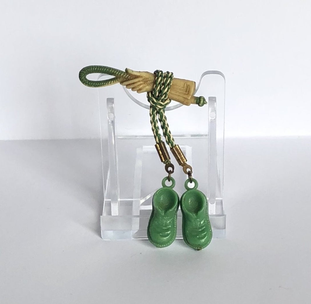Vintage 1930s or 1940s Green Boots and Riding Crop Brooch