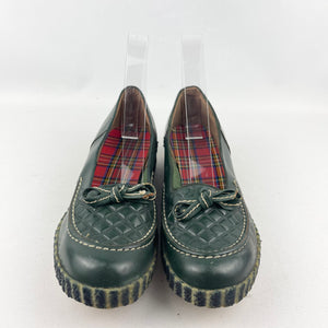 Original 1940's 1950's Forest Green Leather Slip on Shoes with Bow Trim - UK 5 *