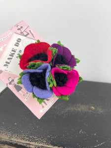 1940's Felt Flower Anemone Corsage - Pretty Wartime Posy Brooch - Lilac, Red, Mauve and Pink