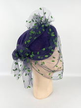 Load image into Gallery viewer, Original 1950s Purple Felt Hat with Green and Purple Net - Charming French Made Piece
