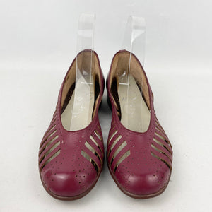 Original 1950’s Burgundy Leather Summer Sandals with Openwork Sides - UK 4 4.5 *