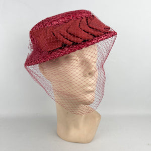 Original 1940's Stunning Pink Coarse Straw Hat with Grosgrain Trim and Face Veil