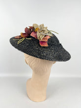 Load image into Gallery viewer, Original 1930&#39;s Black Straw Hat with Charming Faded Flora Flower Trim
