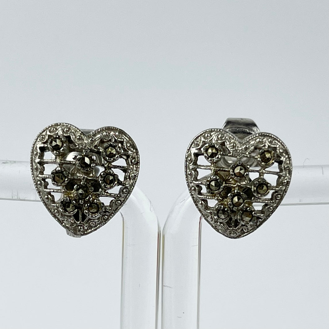 Beautiful Vintage Heart Shaped Earrings with Marcasite Middles