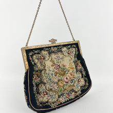 Load image into Gallery viewer, 1920s 1930s Petit Point Black Floral Evening Bag with Gem Set Frame
