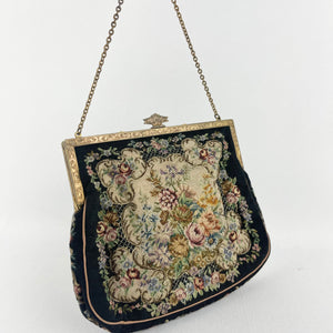 1920s 1930s Petit Point Black Floral Evening Bag with Gem Set Frame