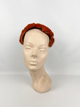Load image into Gallery viewer, RESERVED Original 1950’s Rust Cotton Velvet Half Hat with Double Bow Trim - Perfect for Autumn

