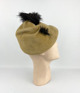 Original 1930s Taupe Felt "Fez" Hat with Black Ostrich Feather Trim