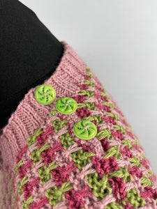 Reproduction 1940s Waffle Stripe Jumper in Pink and Green Knitted from a Wartime Pattern - B 36 38 40