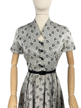 Load image into Gallery viewer, Original 1950&#39;s Silver and Black Cocktail Dress by For You By Blaines with Glass Buttons and Pockets - Bust 35
