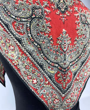 Load image into Gallery viewer, Original 1930&#39;s Triangular Crepe Scarf in Black and Red Paisley Print - Vintage Neckerchief
