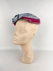 Original 1950s Ice Blue Straw Hat with Pink Velvet Trim and Blue Beading *