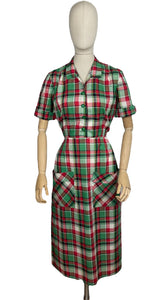 Original 1930's 1940's Fine Cotton Plaid Dress in Red, White and Green - Bust 36 38