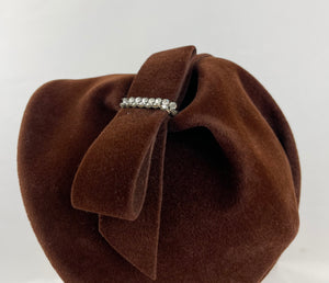Charming 1950s Warm Brown Felt Hat with Bow and Paste Trim Detail