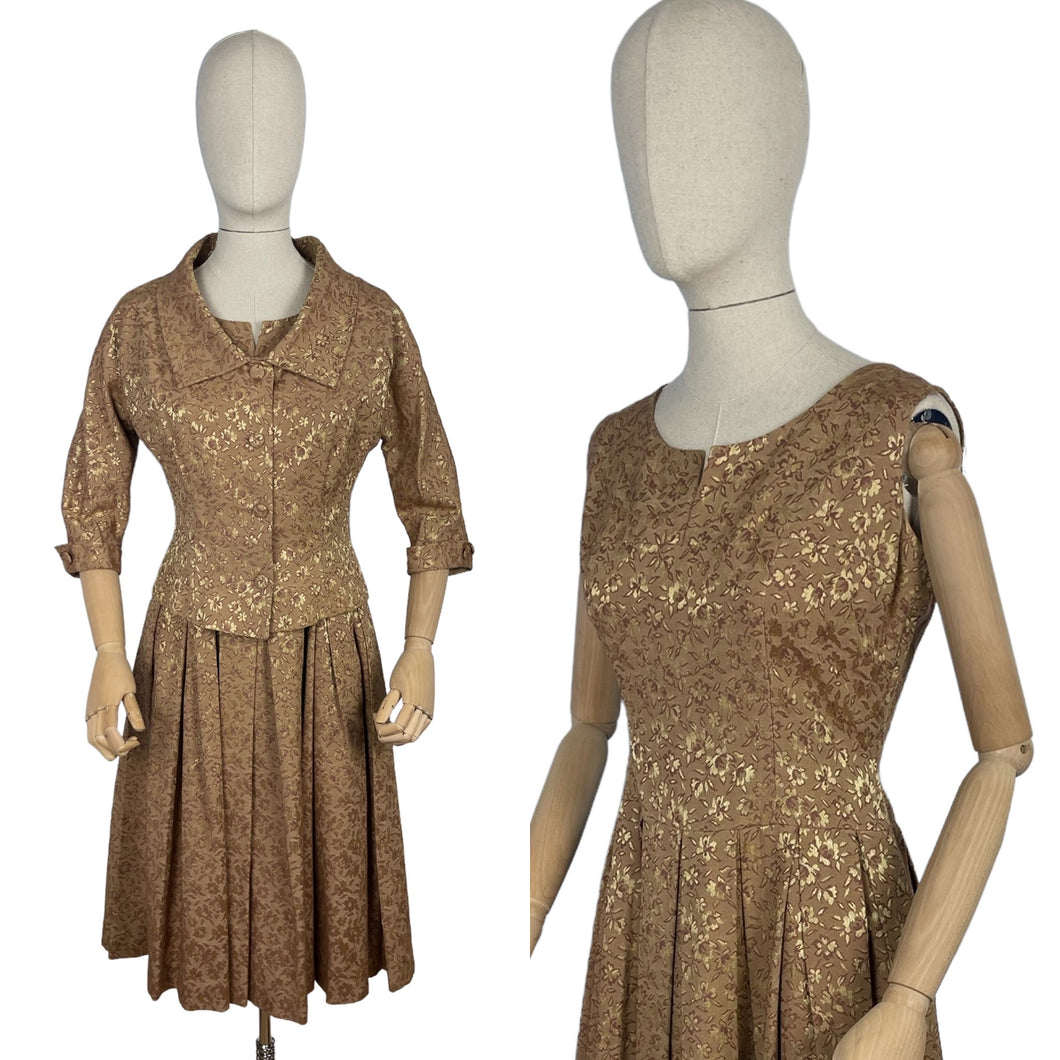 Original 1950's Gold Dress and Jacket Set with Silk Embroidery - Bust 38