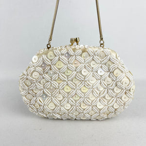 Vintage Iridescent Pastel Sequin Evening Bag with Glass Seed Beads - Made in Hong Kong