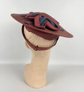 Original Late 1930's or Early 1940's Terracotta Coloured Straw Hat with Air Force Blue Bow Trim *