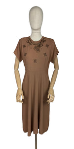 Original 1940’s Cafe Au Lait Crepe Dress with Bronze Beading - Perfect For Day or Evening Wear - Bust 36