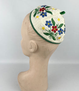 1940's Tyrolean Felt Cap with Floral Silk Embroidery - Charming Vintage Piece