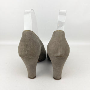 Original 1940's Grey Suede Peep-toe Shoes with Paste Clips and Punch Detail - UK 4