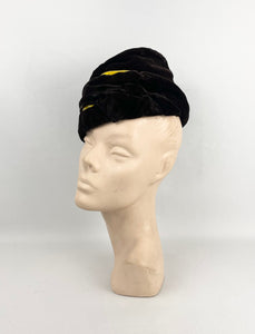Original 1940s Dark Brown Velvet Topper Hat with Mustard Velvet Trim