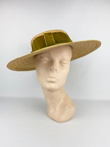 Original 1940s Wide Brimmed Straw Hat with Green Velvet Bow Trim
