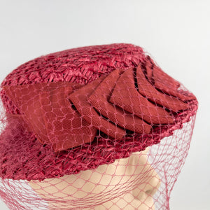 Original 1940's Stunning Pink Coarse Straw Hat with Grosgrain Trim and Face Veil