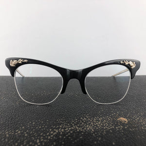 Original 1950s 1960s Black and Gold Glasses with Floral Detail on the Frame