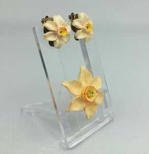 Vintage 1940s 1950s Carved Daffodil Brooch and Clip on Earring Set