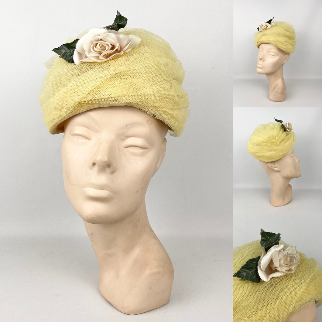 Original 1950's 1960's Yellow Net Hat with Rose Floral Trim - 