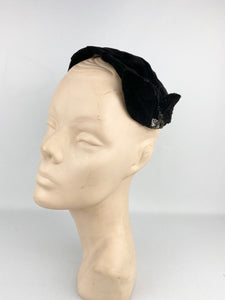 Original 1950s Black Velvet Half Hat with Leaf Trim and Silver Sequin Decoration
