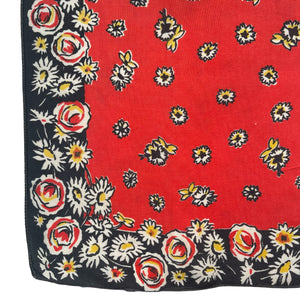 Original 1940's Pure Silk Hankie in Red, Black, White and Yellow Floral - Great Gift Idea