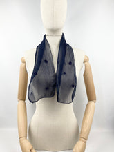 Load image into Gallery viewer, Original 1930&#39;s Dark Blue Chiffon Scarf with Silk Crewel Work Embroidery - Neat Neck Tie - Great Christmas Gift
