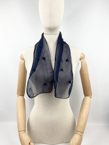 Original 1930's Dark Blue Chiffon Scarf with Silk Crewel Work Embroidery - Neat Neck Tie - Great Christmas Gift