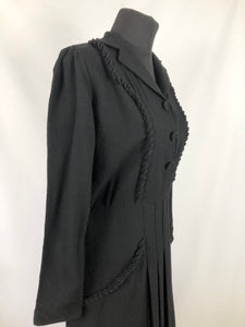 1930s 1940s Black Wool Pleated Dress with Ruffle Trim - Bust 36