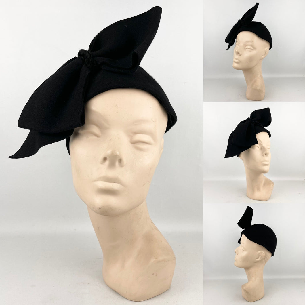 Original 1930's Black Felt Statement Hat by Jacoll - Massive Felt and Velvet Bow Trim