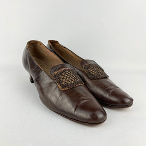 Original 1920s or 1930s Brown Leather Shoes with Beaded Trim - UK Size 6 6.5