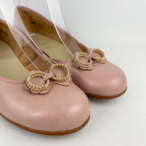 Original 1950's Baby Pink Leather Shoes with Gold Tone Trim - UK 4 4.5 *