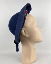 Load image into Gallery viewer, Stunning Original 1930s Blue Felt Bonnet Hat with Floral Trim
