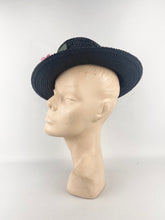 Load image into Gallery viewer, Original 1930s or 1940s Black Straw Hat with Pretty Pink Floral Trim
