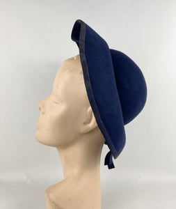 Stunning Original 1930s Blue Felt Bonnet Hat with Floral Trim